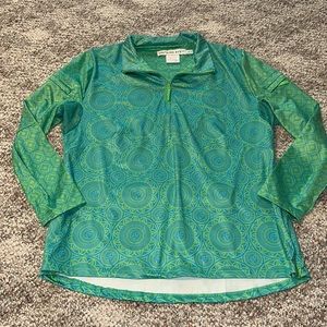 Gretchen Scott women’s size large green/blue long sleeve pull-over with 1/4” zip